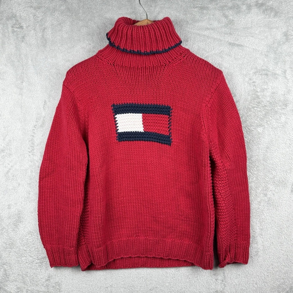 Tommy Hilfiger Hand 3D Chunky Knit Turtleneck Sweater Large Vintage 90s Big Logo